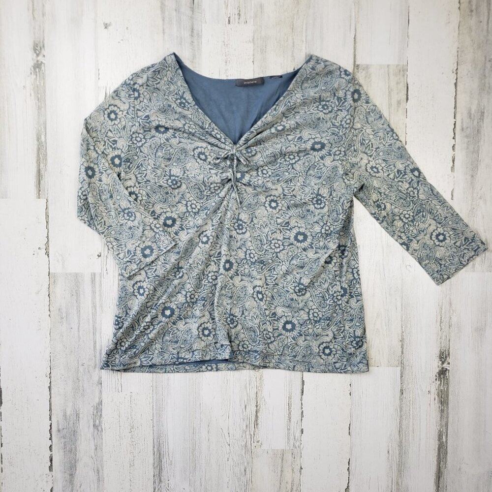 Liz Claiborne Blue Beige Floral Print Half Sleeve V-Neck Top Women's